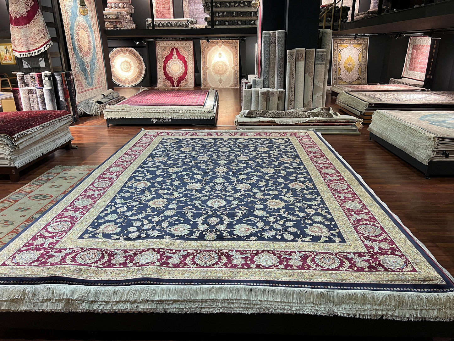 10x13 Navy Blue Silk Rug, Luxury Living Room Carpet, Traditional Oriental Silk Rug