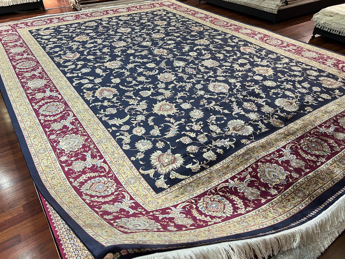 10x13 Navy Blue Silk Rug, Luxury Living Room Carpet, Traditional Oriental Silk Rug