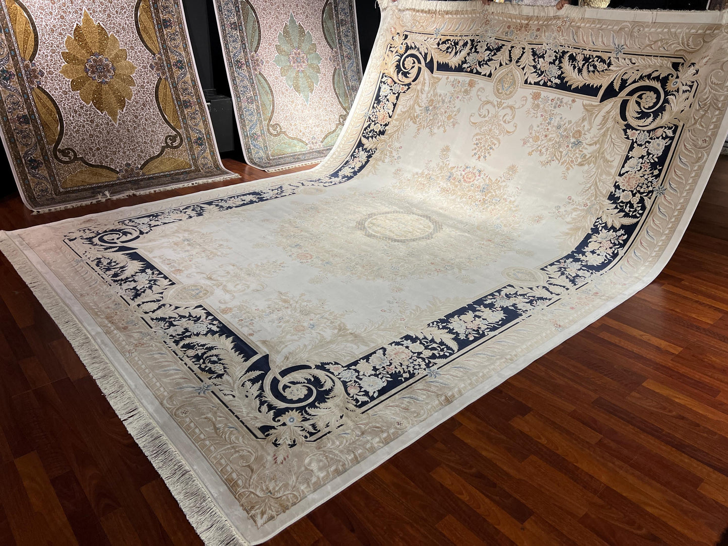 10x13 Cream Blue Silk Rug, Luxury Turkish Rug, Classic Living Room Area Rug