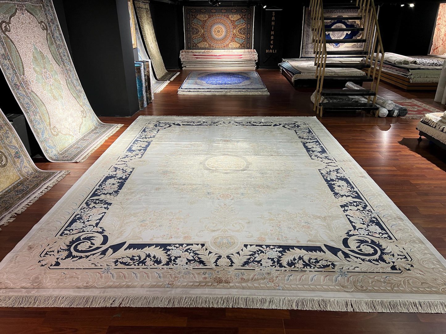 10x13 Cream Blue Silk Rug, Luxury Turkish Rug, Classic Living Room Area Rug