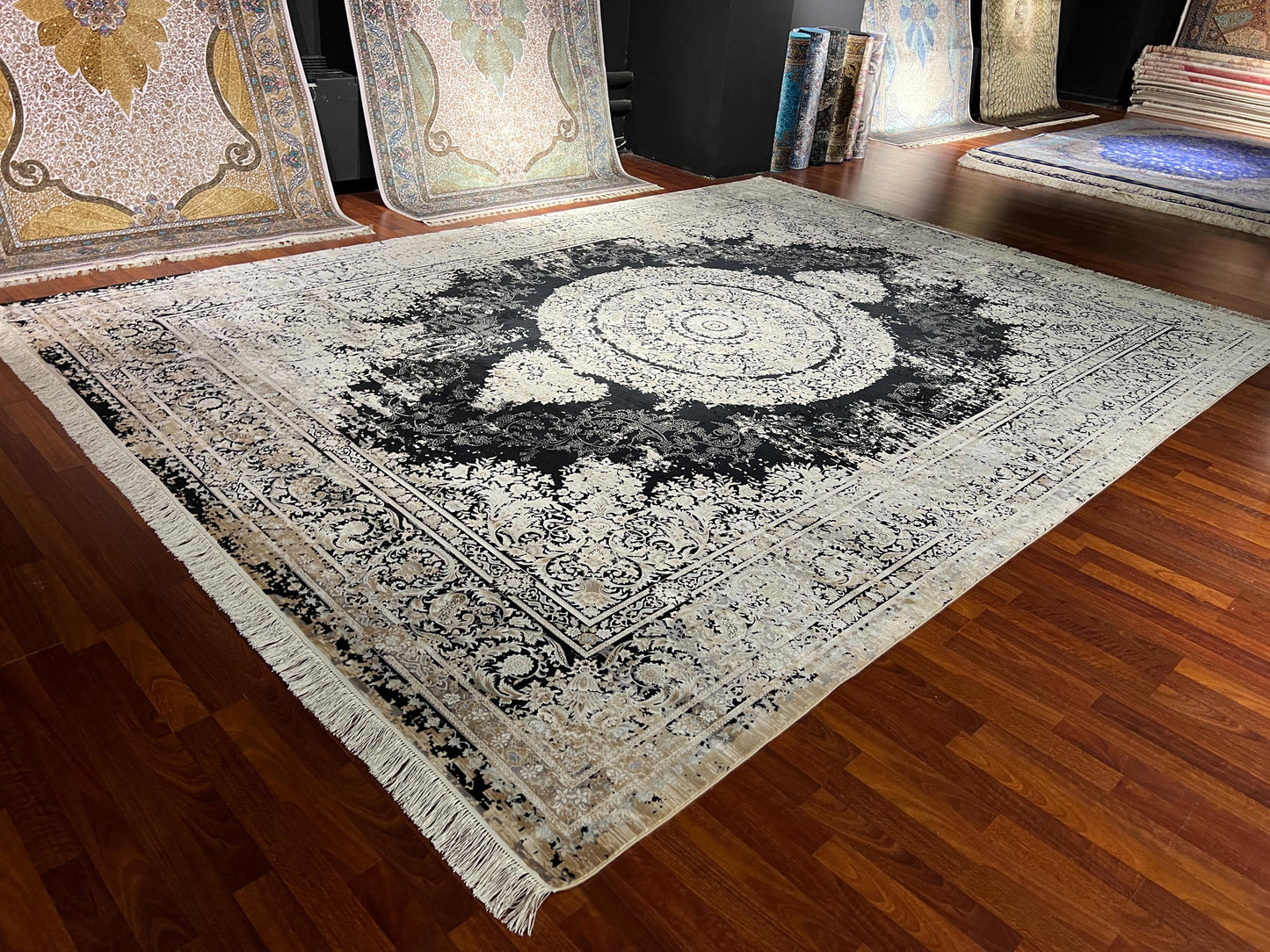10x13 Black Beige Silk Rug, Turkish Medallion Rug, Luxury Living Room Carpet