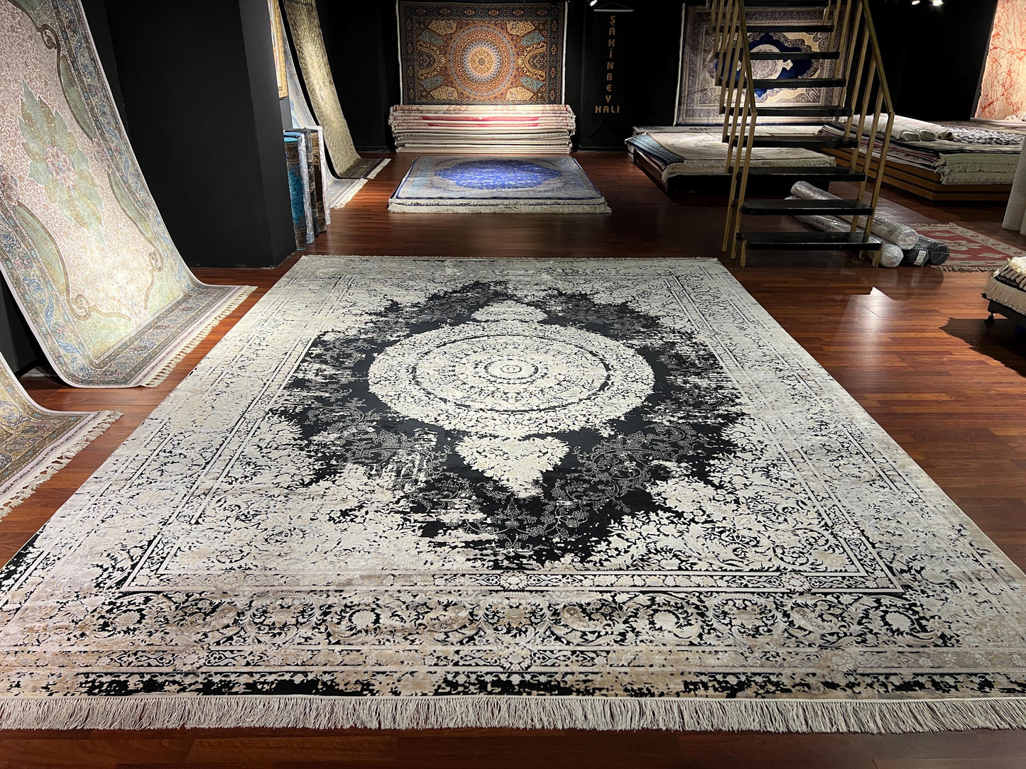 10x13 Black Beige Silk Rug, Turkish Medallion Rug, Luxury Living Room Carpet