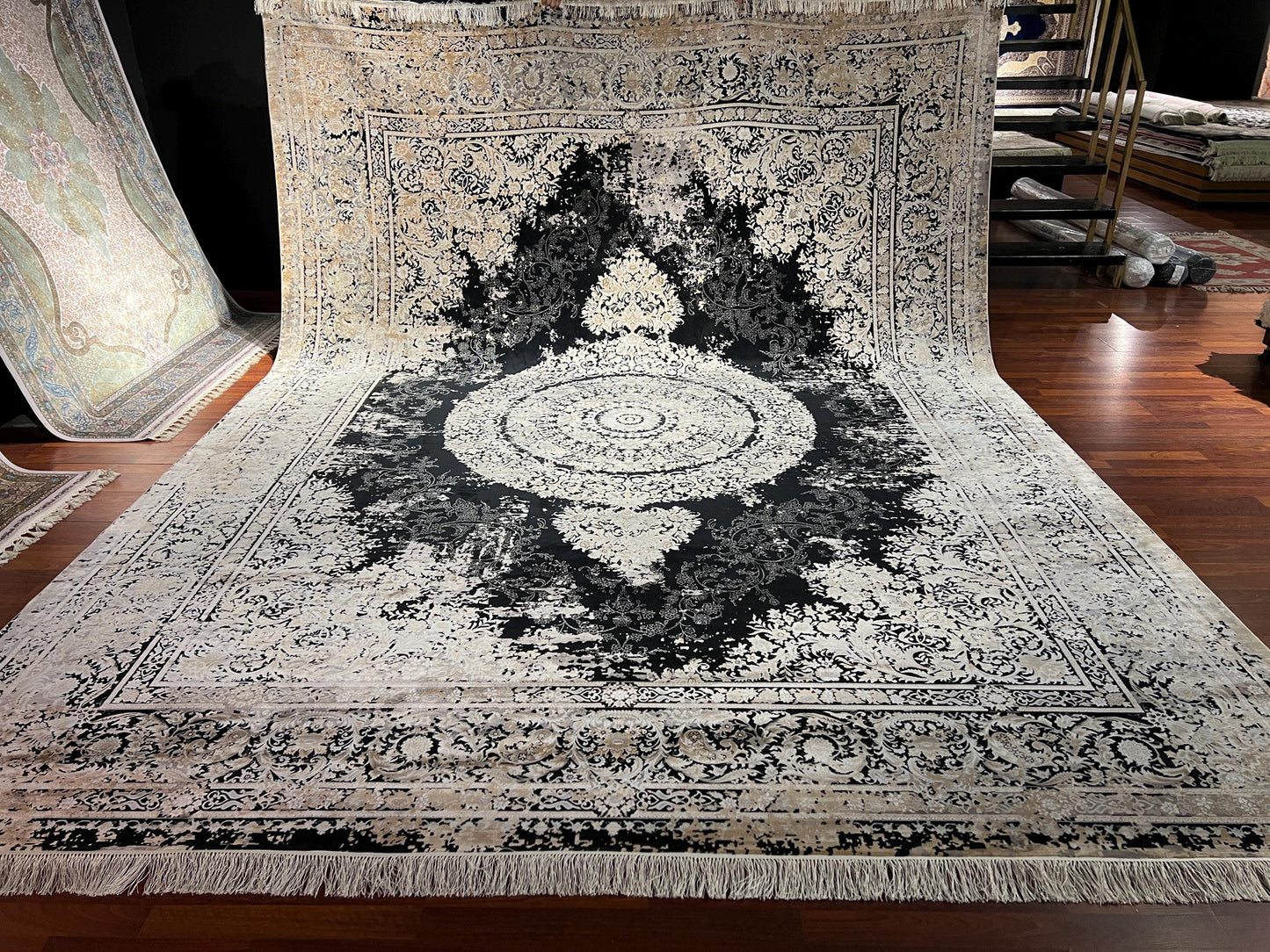 10x13 Black Beige Silk Rug, Turkish Medallion Rug, Luxury Living Room Carpet
