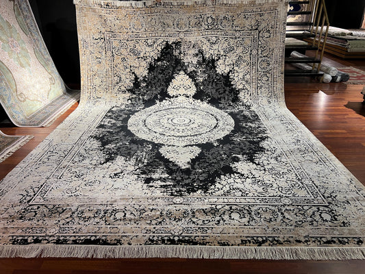 10x13 Black Beige Silk Rug, Turkish Medallion Rug, Luxury Living Room Carpet