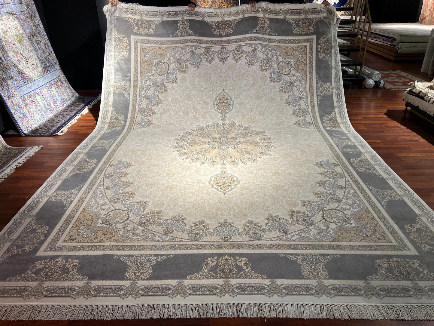 10x13 Cream Gray Silk Rug, Luxury Living Room Rug, Turkish Area Carpet