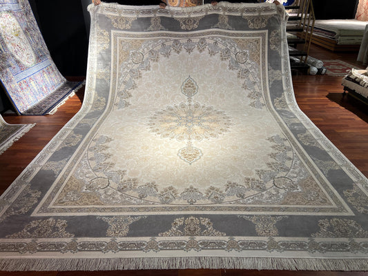 10x13 Cream Gray Silk Rug, Luxury Living Room Rug, Turkish Area Carpet