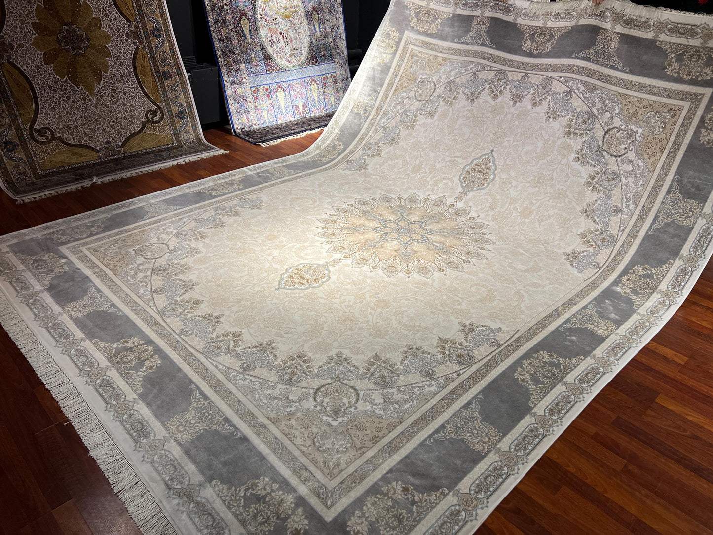10x13 Cream Gray Silk Rug, Luxury Living Room Rug, Turkish Area Carpet