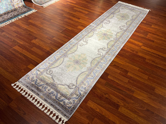 3x10 Green Beige Silk Runner Rug, Turkish Area Rug, Floral Medallion Hallway Carpet