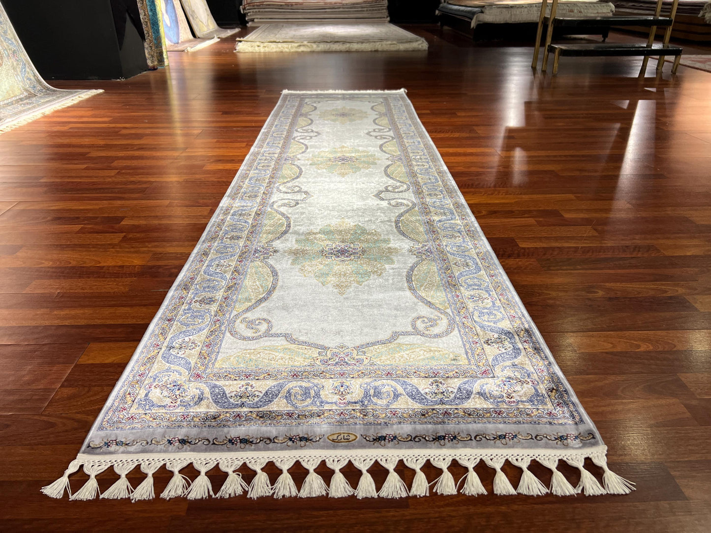 3x10 Green Beige Silk Runner Rug, Turkish Area Rug, Floral Medallion Hallway Carpet