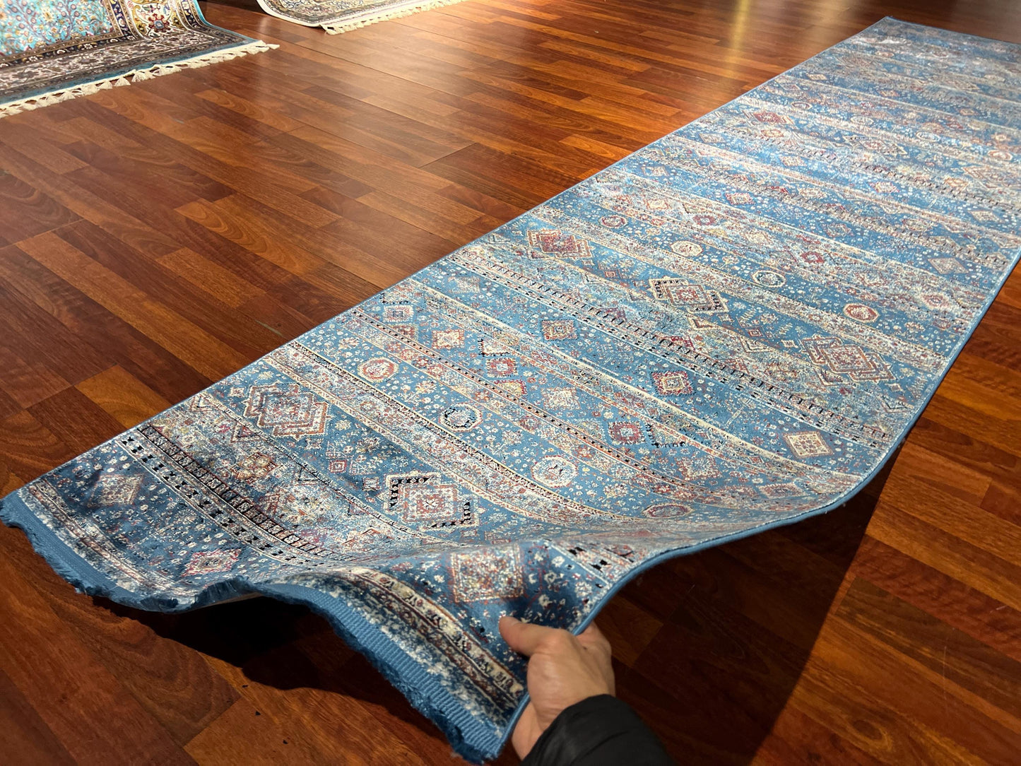 3x10 Blue Silk Runner Rug, Turkish Area Rug, Boho Stripe Pattern Hallway Carpet