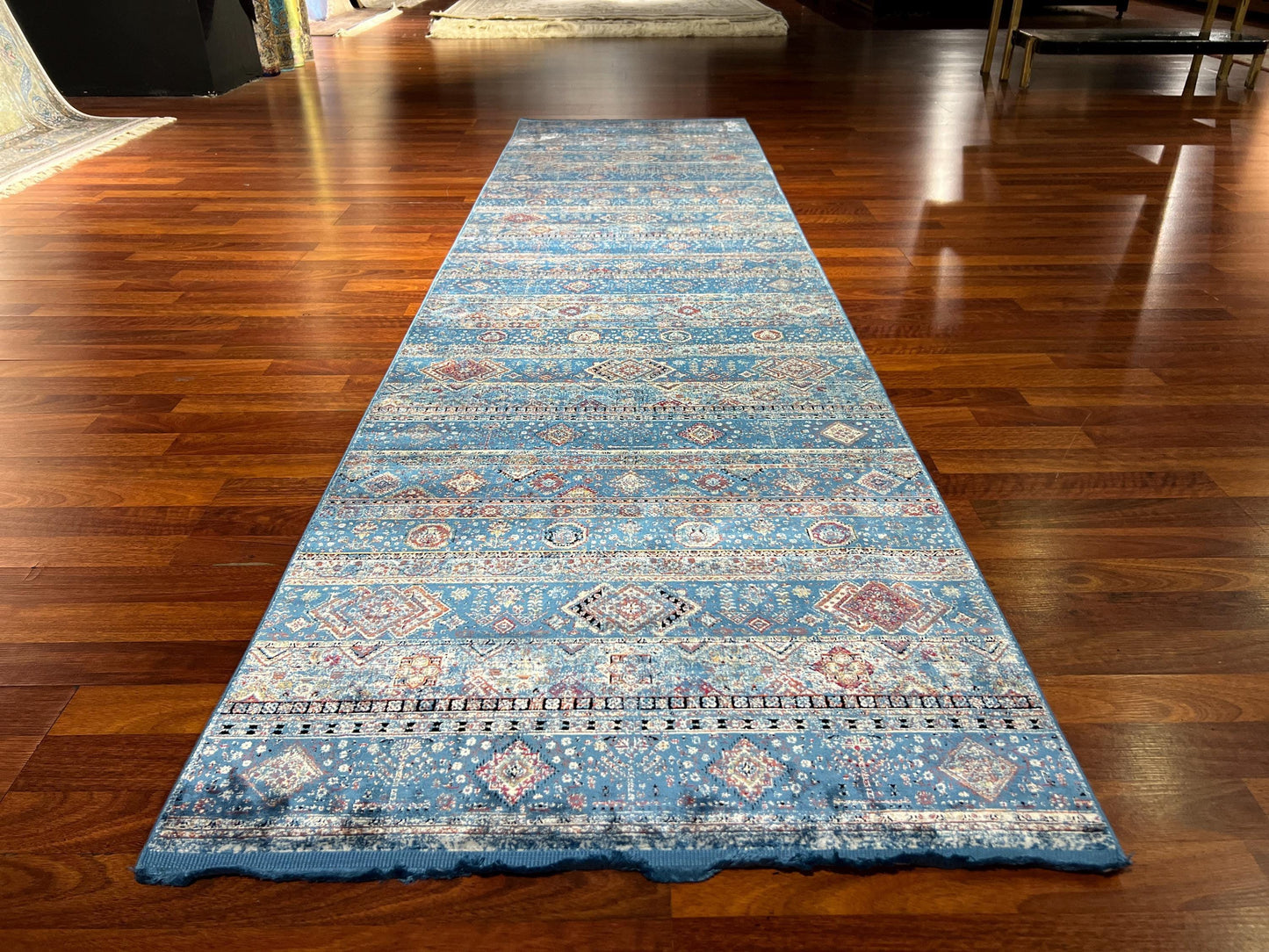 3x10 Blue Silk Runner Rug, Turkish Area Rug, Boho Stripe Pattern Hallway Carpet