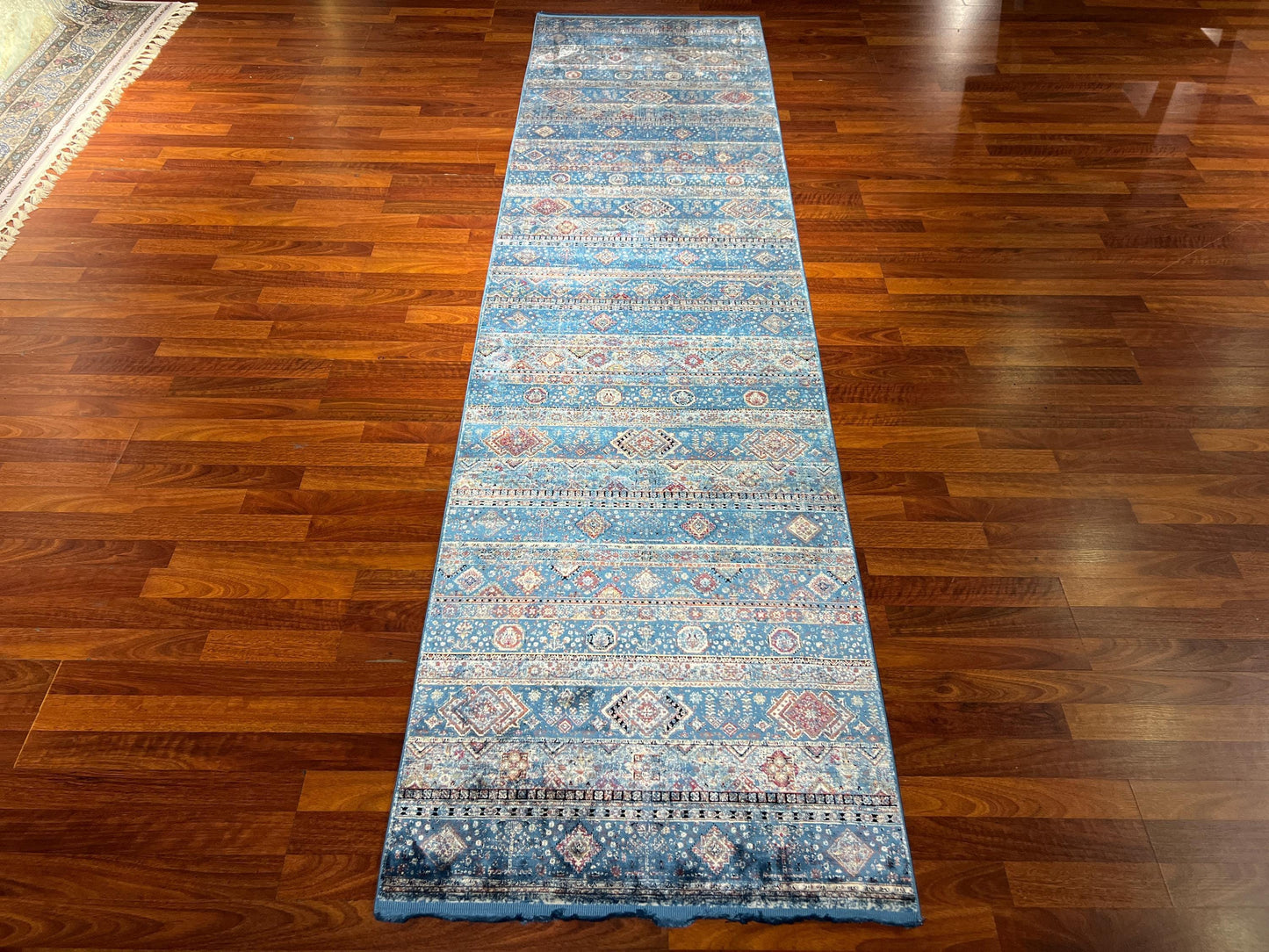 3x10 Blue Silk Runner Rug, Turkish Area Rug, Boho Stripe Pattern Hallway Carpet