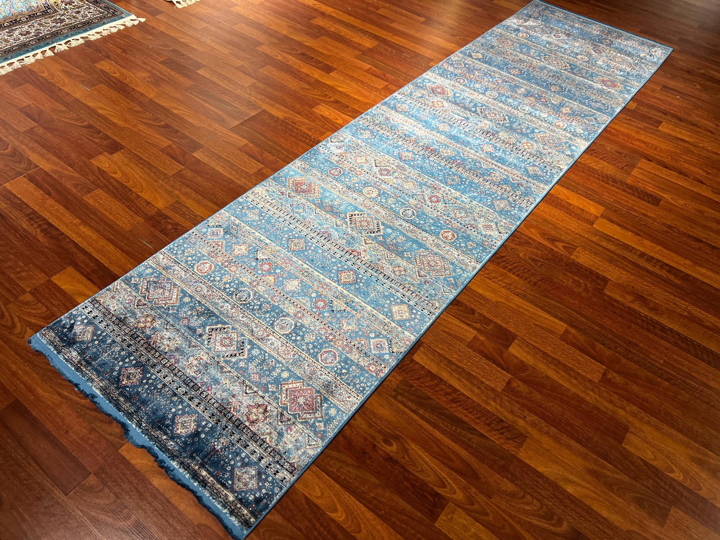 3x10 Blue Silk Runner Rug, Turkish Area Rug, Boho Stripe Pattern Hallway Carpet