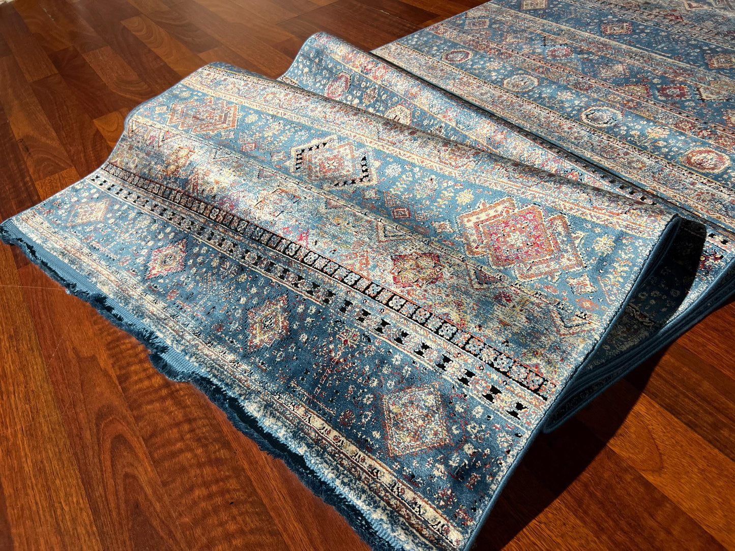 3x10 Blue Silk Runner Rug, Turkish Area Rug, Boho Stripe Pattern Hallway Carpet
