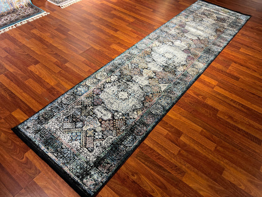 3x10 Gray Blue Silk Runner Rug, Turkish Area Rug, Vintage Pattern Hallway Carpet
