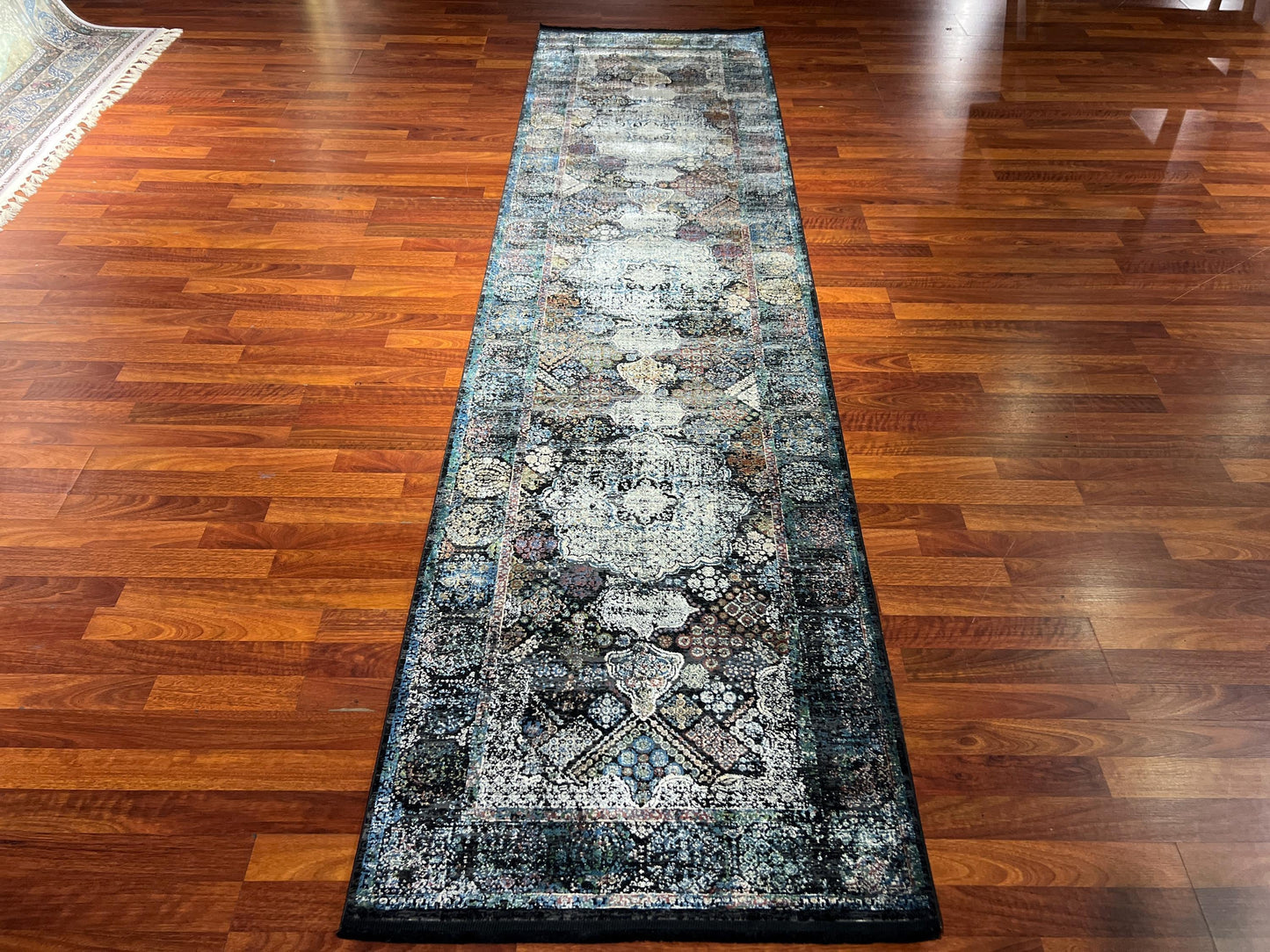 3x10 Gray Blue Silk Runner Rug, Turkish Area Rug, Vintage Pattern Hallway Carpet