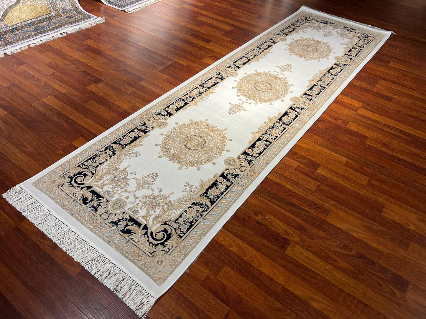 3x10 Cream Gold Bamboo Silk Runner Rug, Luxury Turkish Area Rug, Hallway Carpet