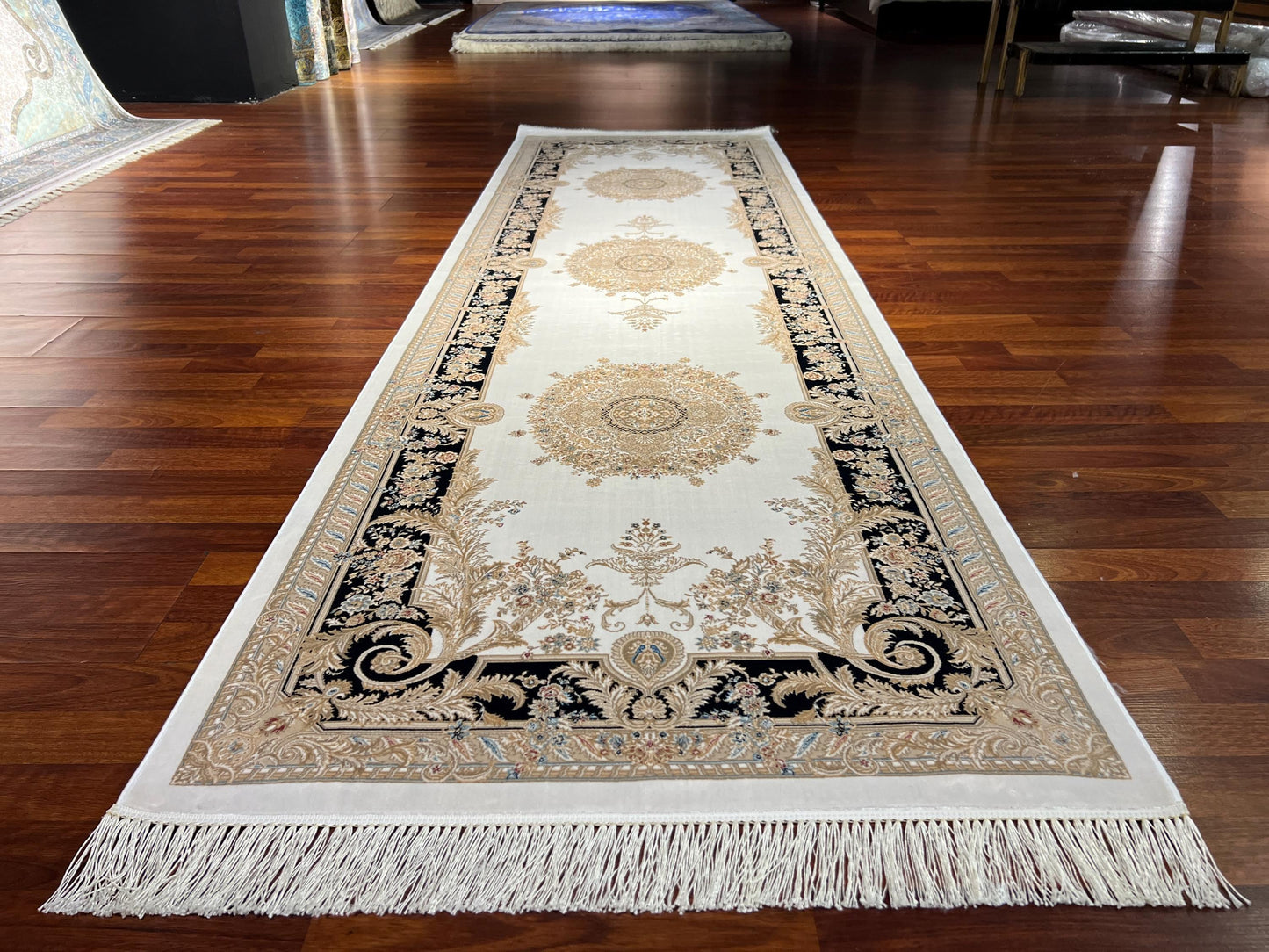 3x10 Cream Gold Bamboo Silk Runner Rug, Luxury Turkish Area Rug, Hallway Carpet