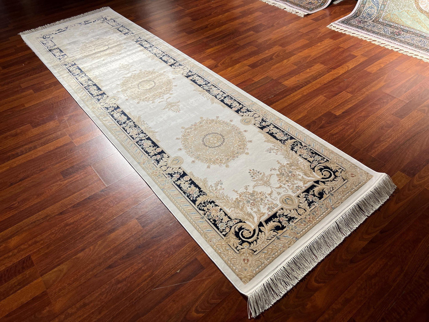 3x10 Cream Gold Bamboo Silk Runner Rug, Luxury Turkish Area Rug, Hallway Carpet