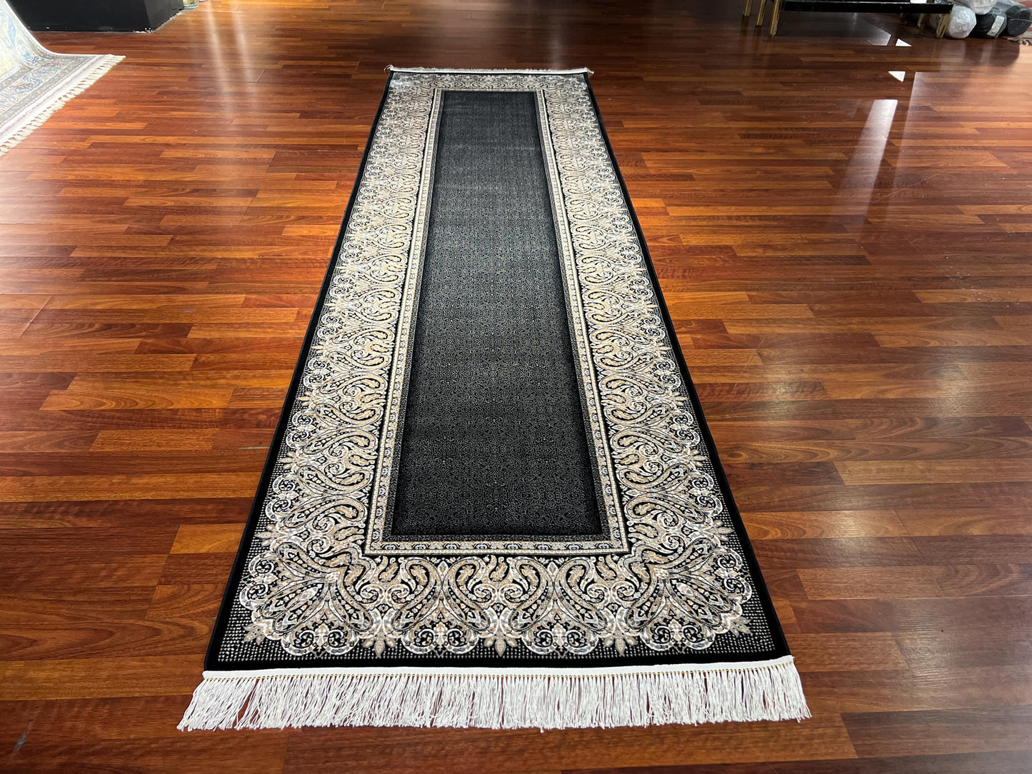 3x10 Beige Black Bamboo Silk Runner Rug, Turkish Area Rug, Classic Border Hallway Carpet