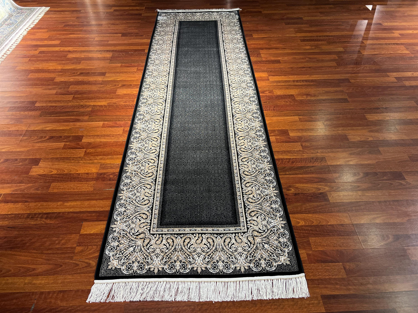 3x10 Beige Black Bamboo Silk Runner Rug, Turkish Area Rug, Classic Border Hallway Carpet