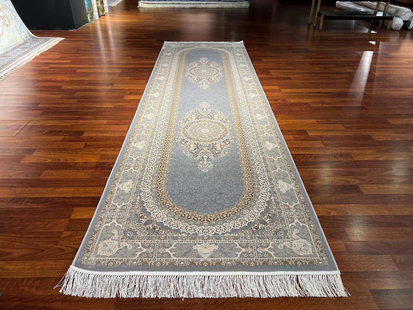 3x10 Gray Gold Bamboo Silk Runner Rug, Turkish Area Rug, Luxury Hallway Carpet