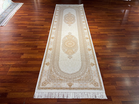 3x10 Beige Gold Bamboo Silk Runner Rug, Luxury Hallway Rug, Turkish Decor