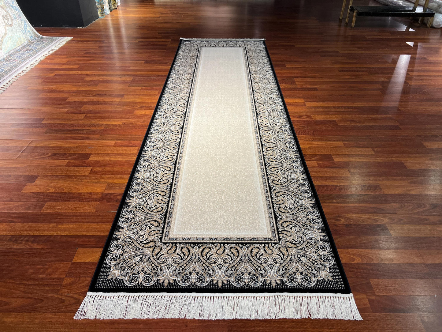 3x10 Beige Black Bamboo Silk Runner Rug, Luxury Hallway Rug, Turkish Decor