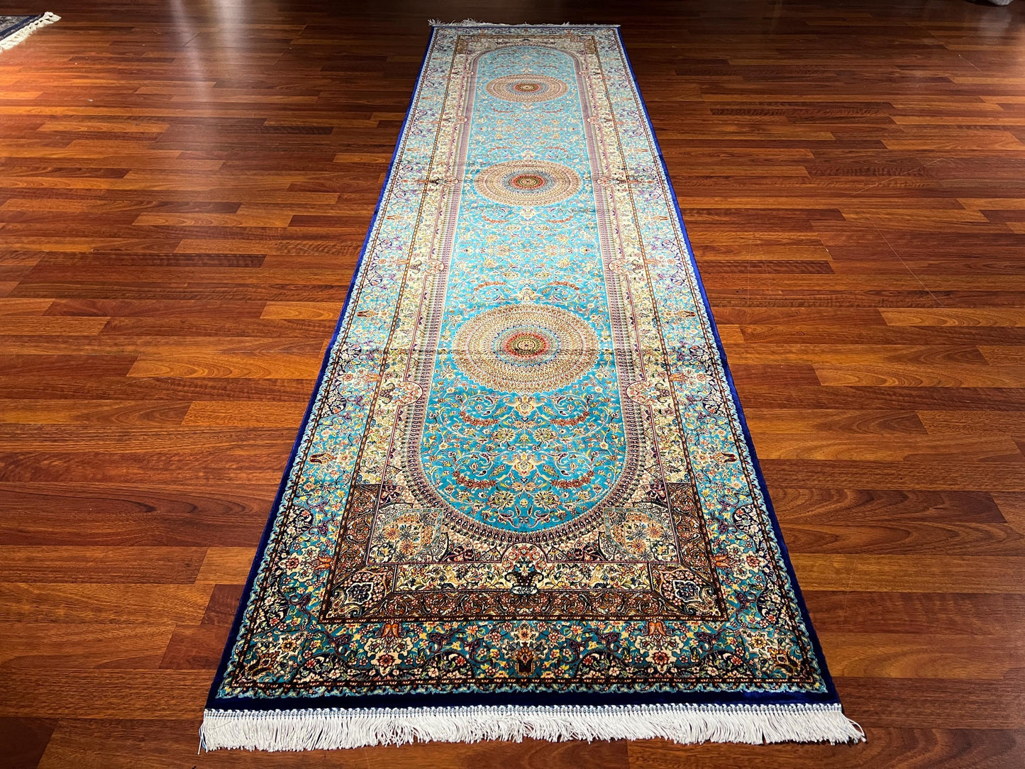 3x10 Blue Silk Runner Rug, Luxury Turkish Silk Carpet, Palace Style Hallway Rug