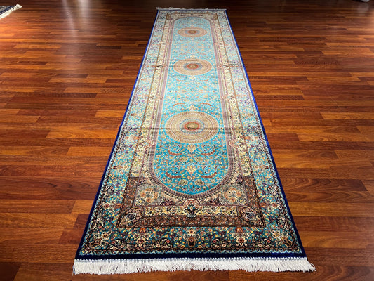 3x10 Blue Silk Runner Rug, Luxury Turkish Silk Carpet, Palace Style Hallway Rug