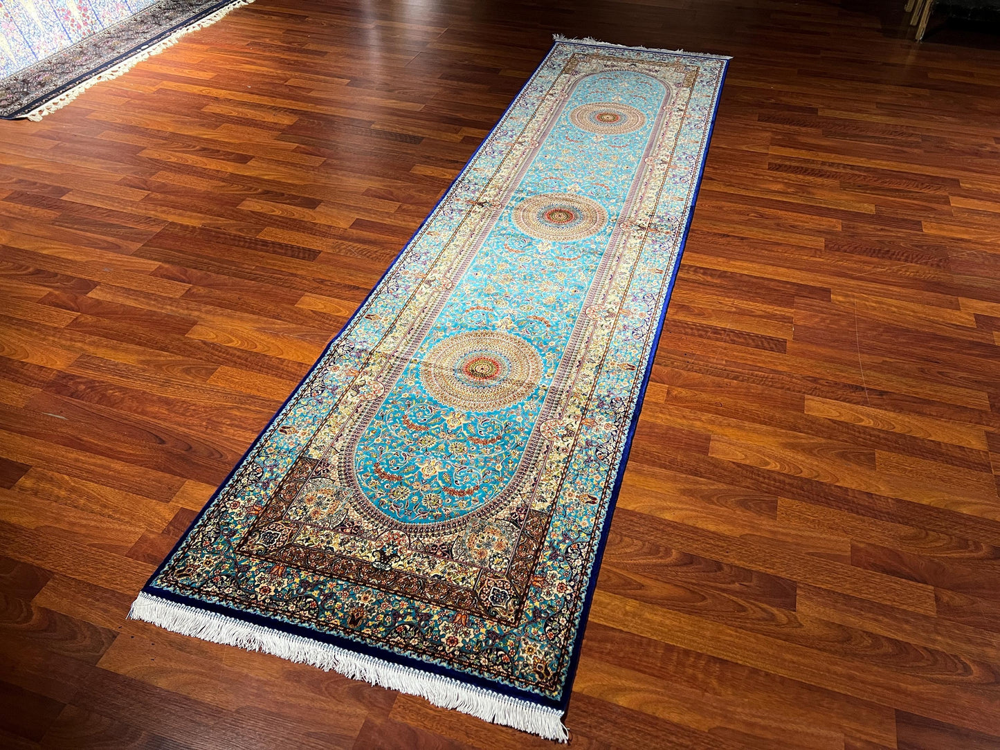 3x10 Blue Silk Runner Rug, Luxury Turkish Silk Carpet, Palace Style Hallway Rug
