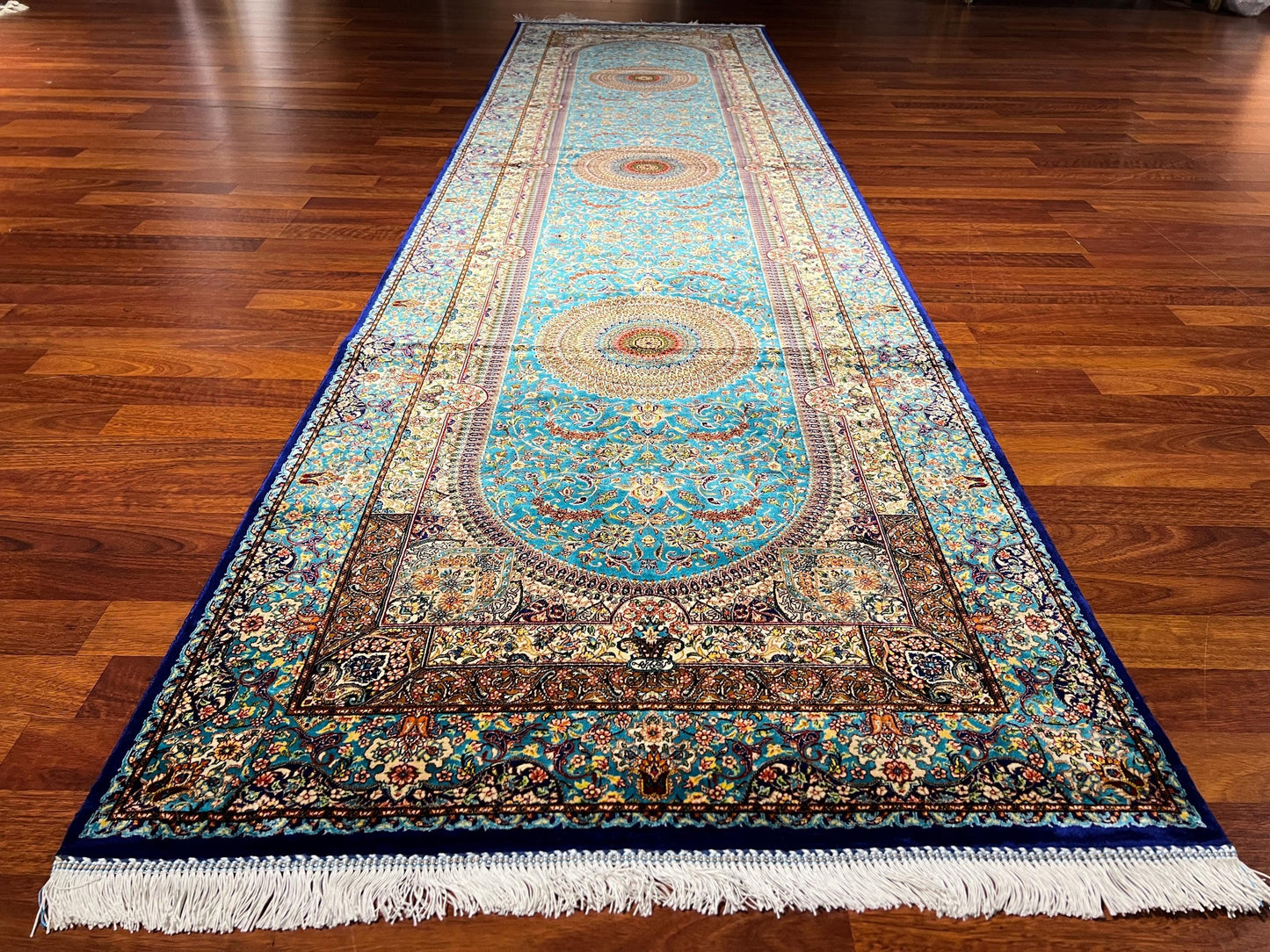 3x10 Blue Silk Runner Rug, Luxury Turkish Silk Carpet, Palace Style Hallway Rug