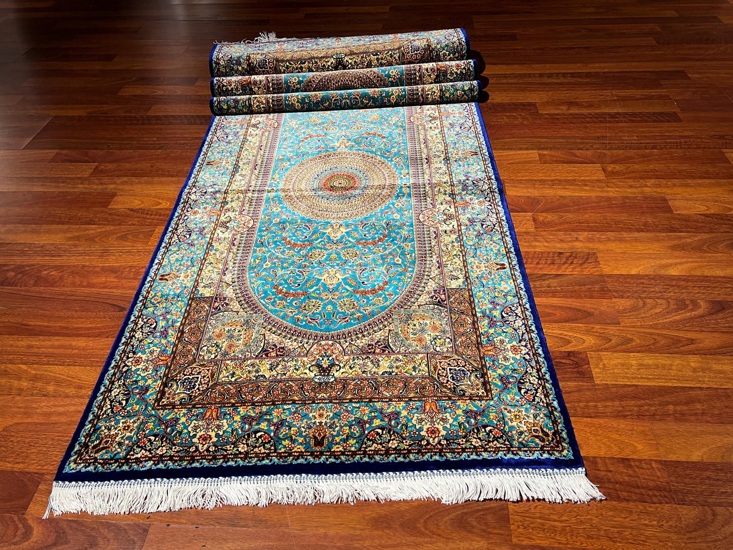 3x10 Blue Silk Runner Rug, Luxury Turkish Silk Carpet, Palace Style Hallway Rug