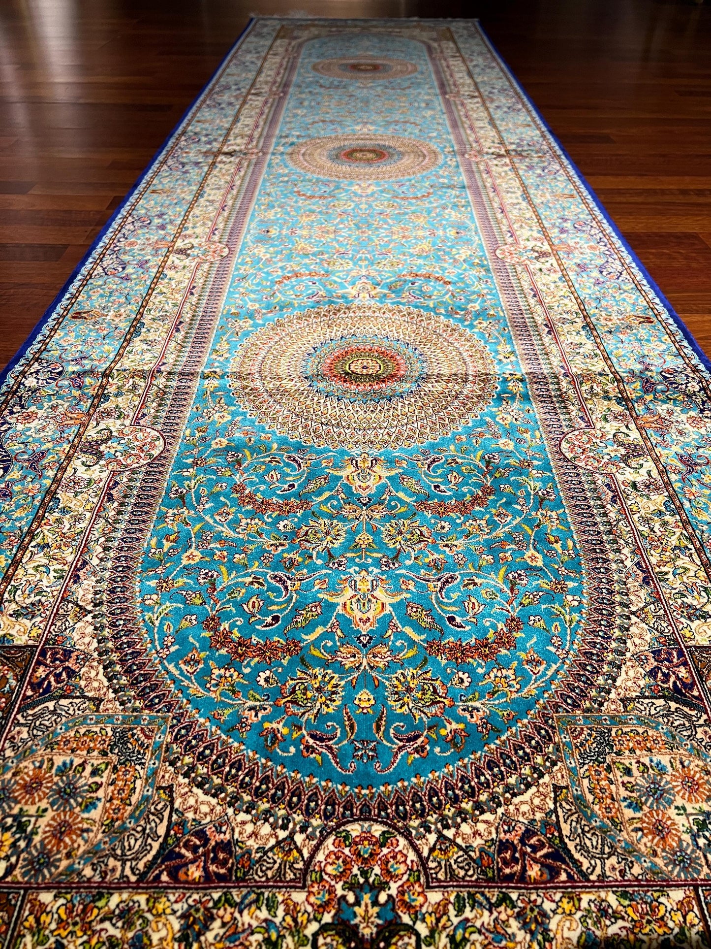 3x10 Blue Silk Runner Rug, Luxury Turkish Silk Carpet, Palace Style Hallway Rug