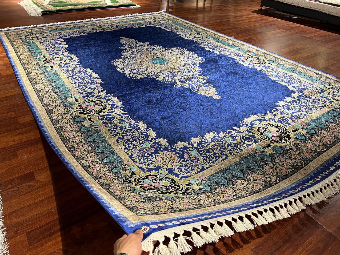 10x13 Royal Blue Silk Rug, Luxury Turkish Rug, Palace Style Living Room Carpet