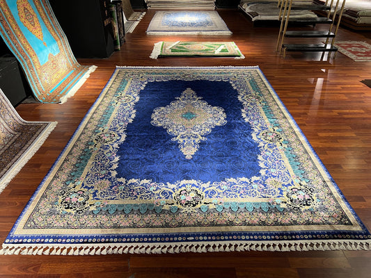 10x13 Royal Blue Silk Rug, Luxury Turkish Rug, Palace Style Living Room Carpet