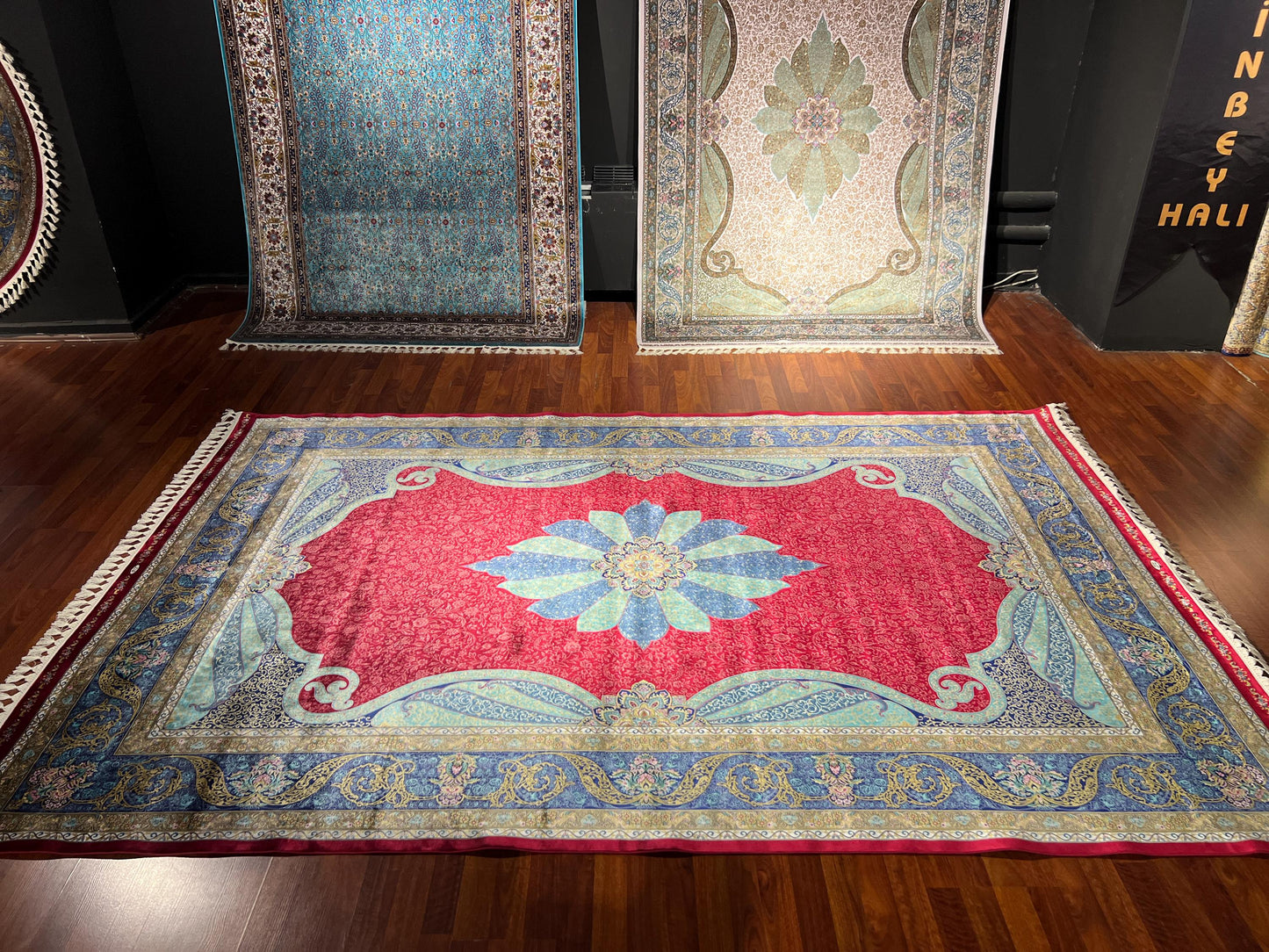 10x13 Red Blue Silk Rug, Luxury Turkish Rug, Palace Style Living Room Carpet