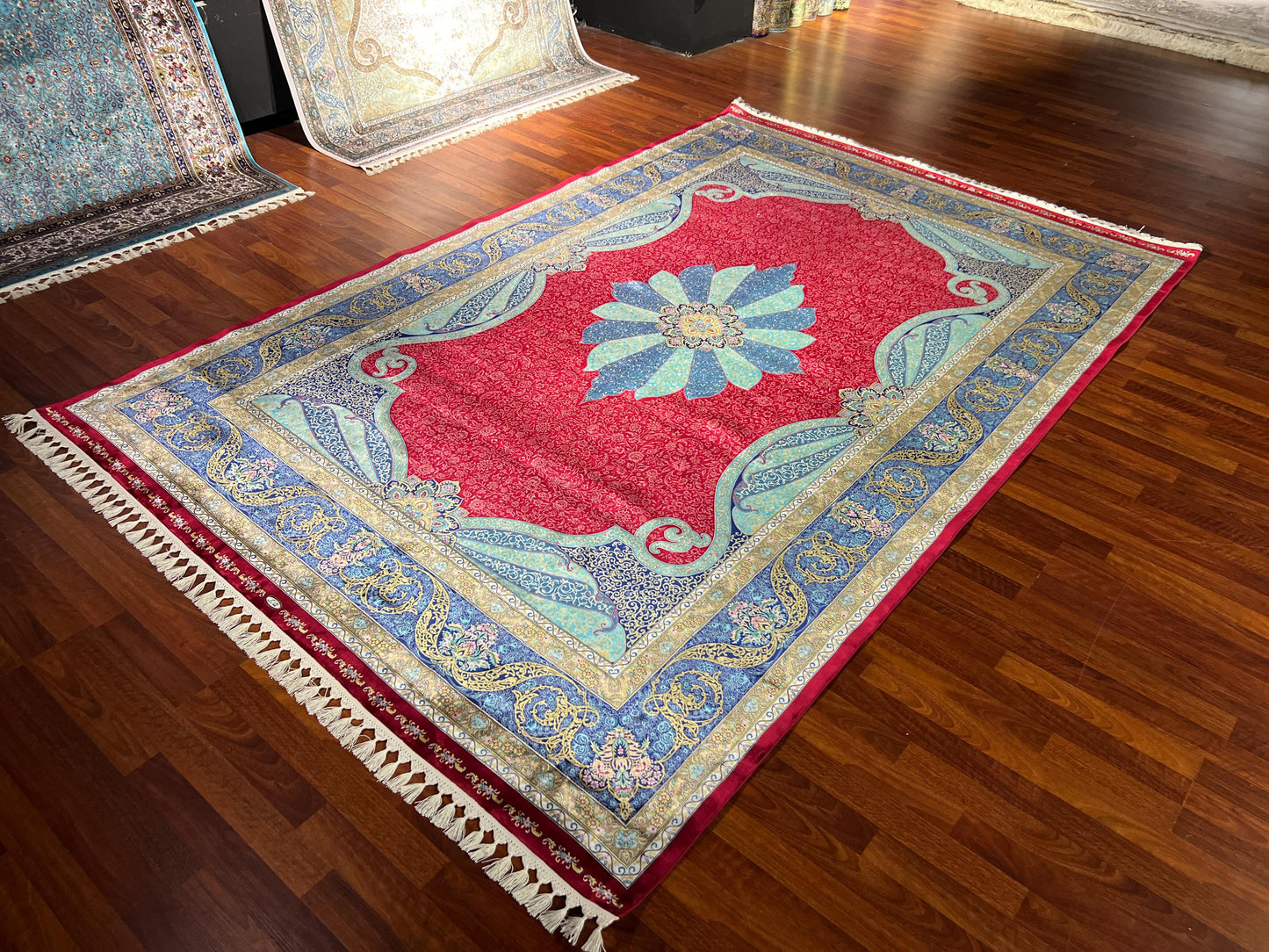 10x13 Red Blue Silk Rug, Luxury Turkish Rug, Palace Style Living Room Carpet
