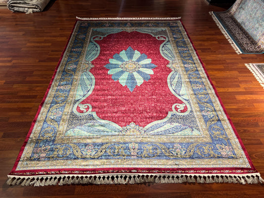 13x20 Red Blue Silk Rug, Luxury Turkish Rug, Palace Style Living Room Carpet