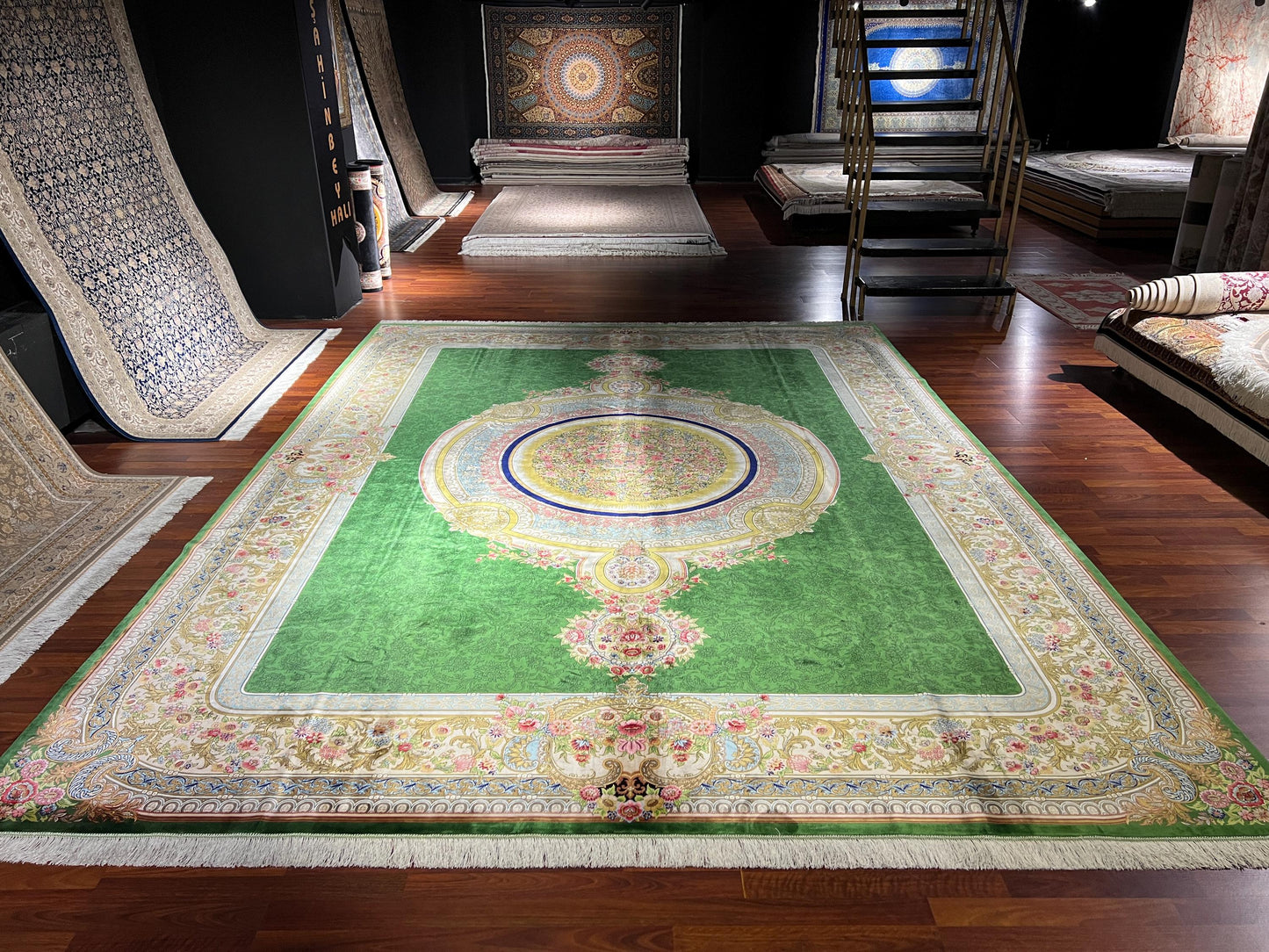 10x13 Green Silk Rug, Luxury Gonbad Rug, Turkish Living Room Carpet