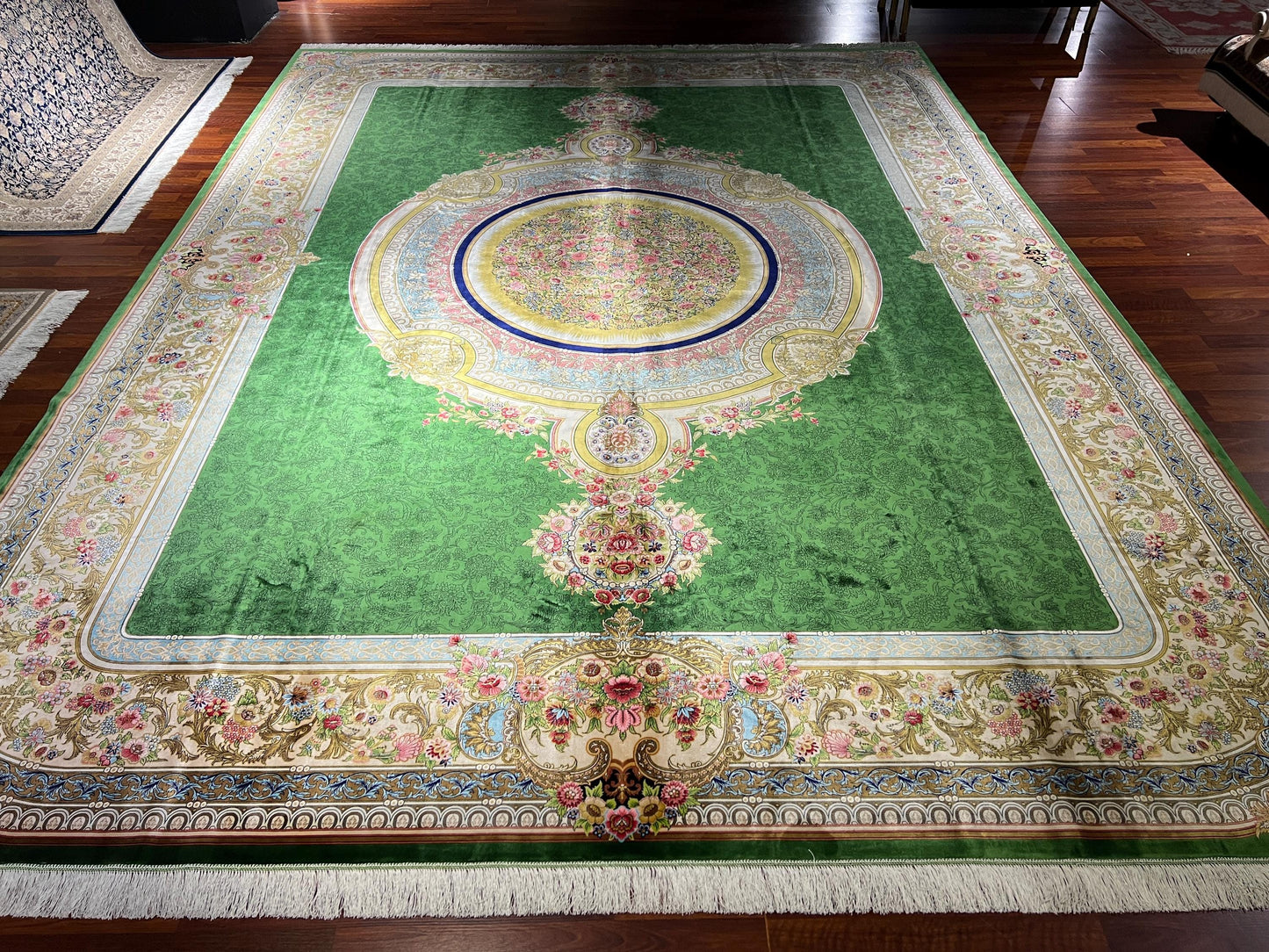 10x13 Green Silk Rug, Luxury Gonbad Rug, Turkish Living Room Carpet