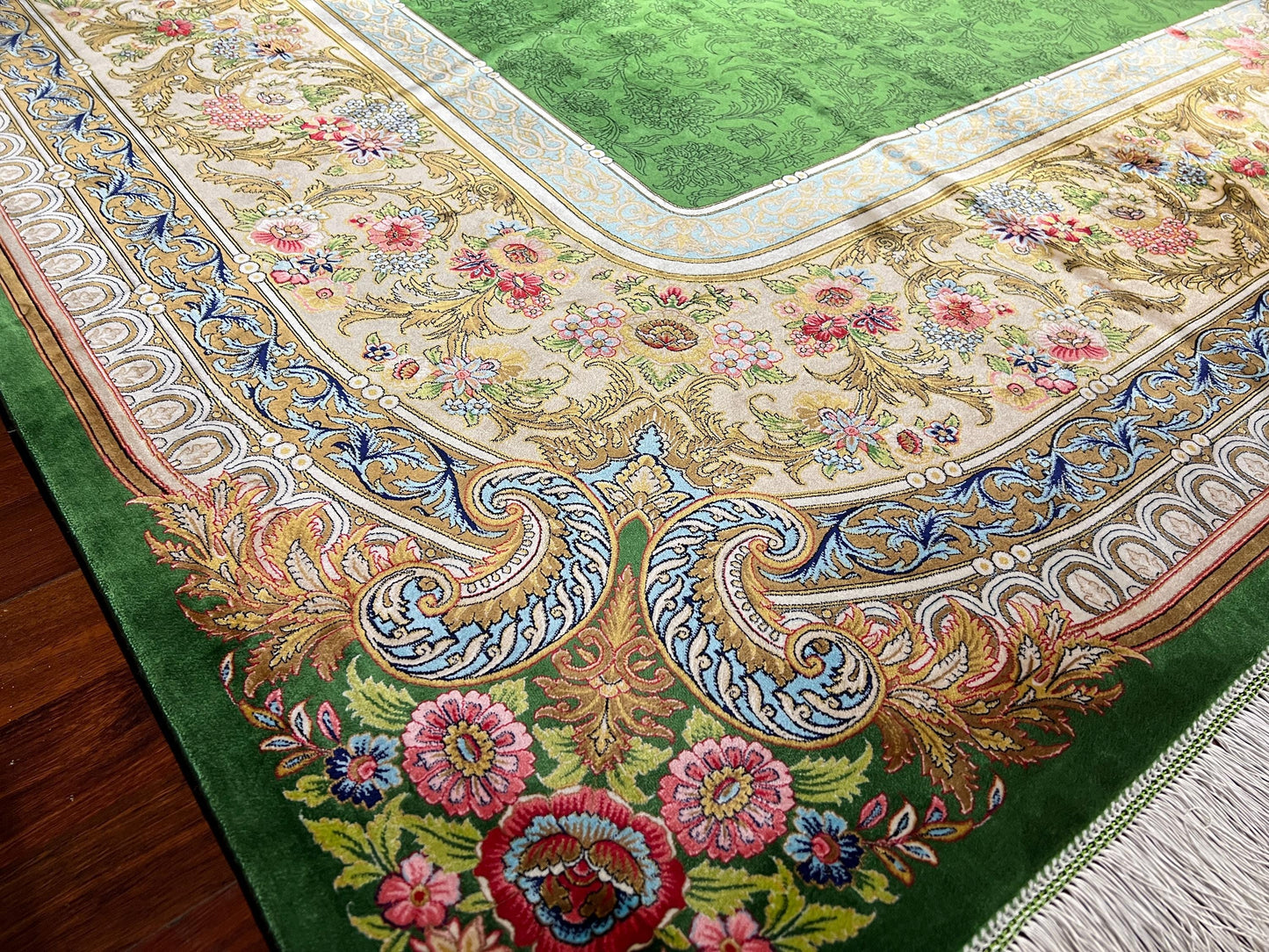 10x13 Green Silk Rug, Luxury Gonbad Rug, Turkish Living Room Carpet
