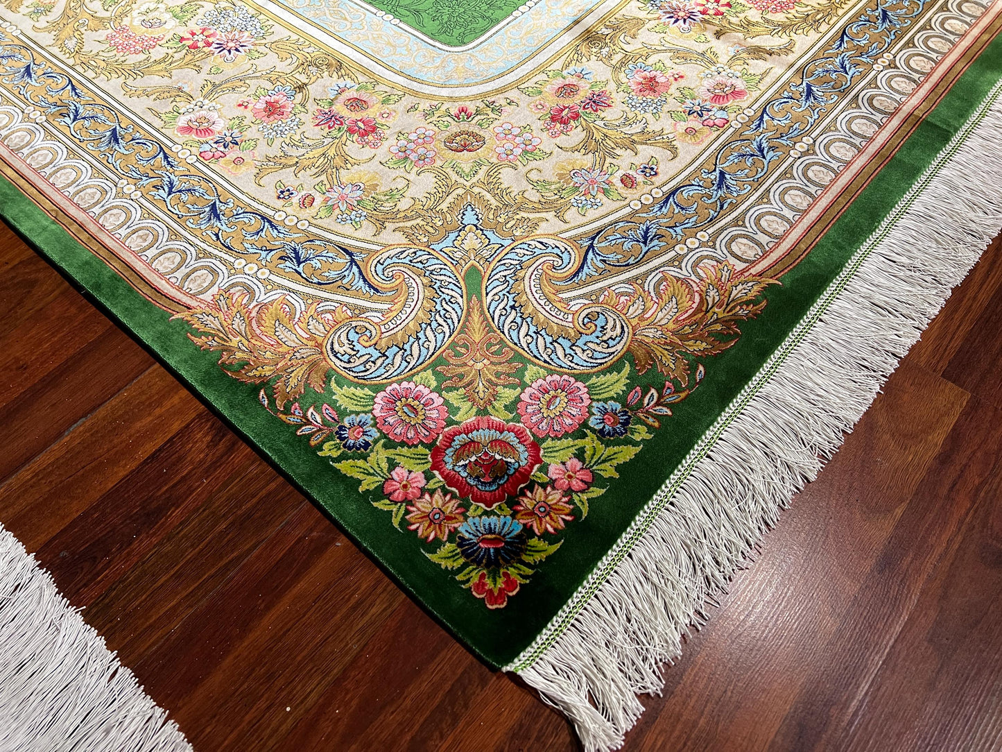 10x13 Green Silk Rug, Luxury Gonbad Rug, Turkish Living Room Carpet