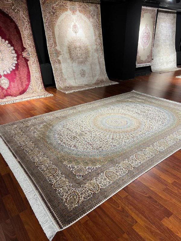 5x8 Oriental Silk Rug, Gold Beige Medallion, Turkish Oriental Area Rug, Luxury Living Room Rug