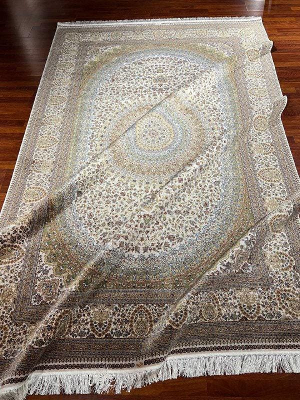 5x8 Oriental Silk Rug, Gold Beige Medallion, Turkish Oriental Area Rug, Luxury Living Room Rug