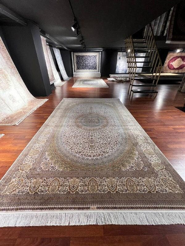 5x8 Oriental Silk Rug, Gold Beige Medallion, Turkish Oriental Area Rug, Luxury Living Room Rug