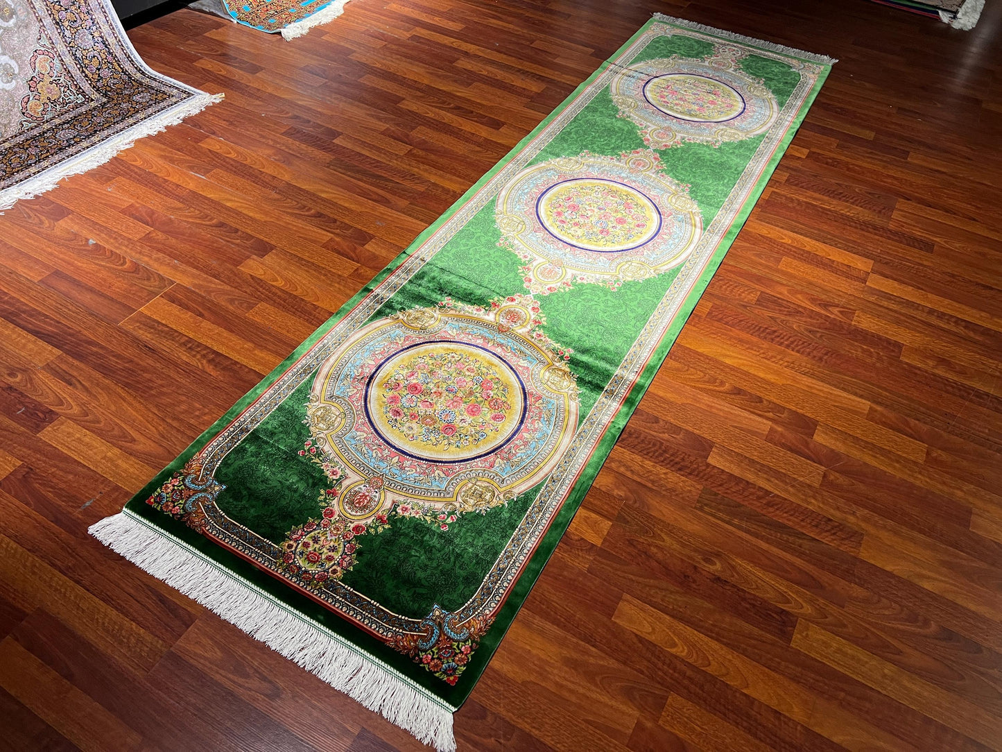 3x10 Green Silk Runner Rug, Luxury Turkish Silk Carpet, Medallion Hallway Rug
