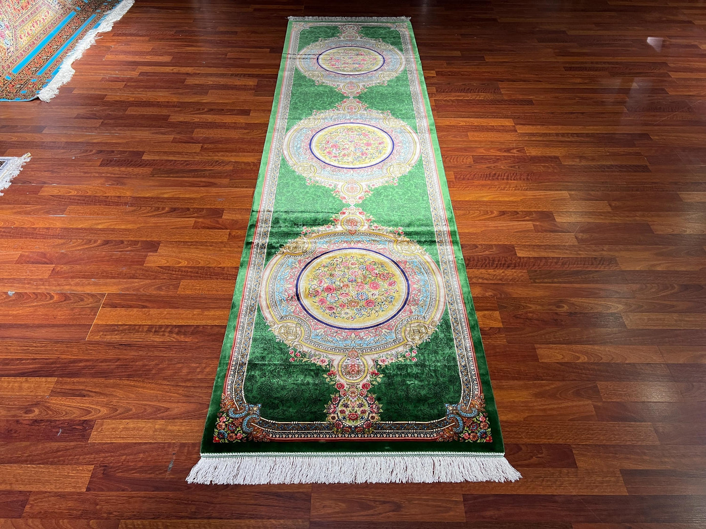 3x10 Green Silk Runner Rug, Luxury Turkish Silk Carpet, Medallion Hallway Rug