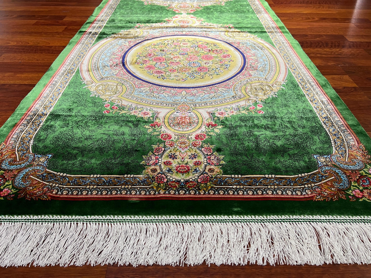 3x10 Green Silk Runner Rug, Luxury Turkish Silk Carpet, Medallion Hallway Rug