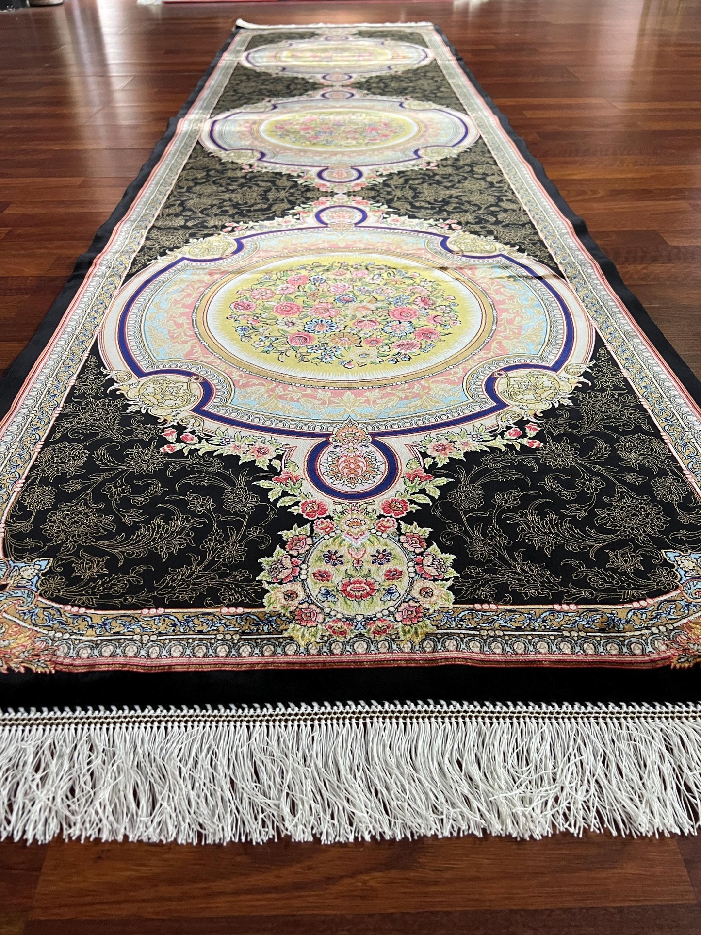 3x10 Black Silk Runner Rug, Medallion Turkish Rug, Luxury Hallway Carpet